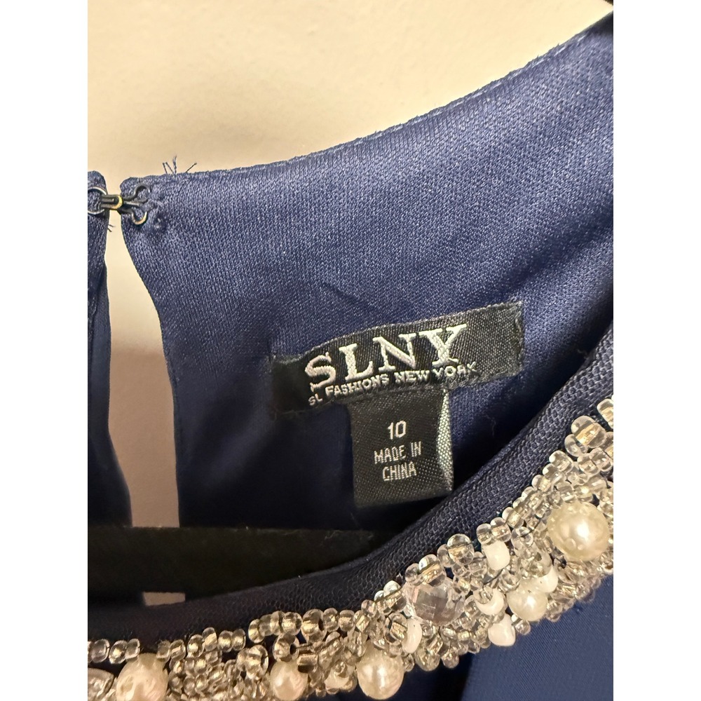 SLNY Navy Embellished Neckline Chiffon Overlay Dress Size‎ 10 - Picture 2 of 5